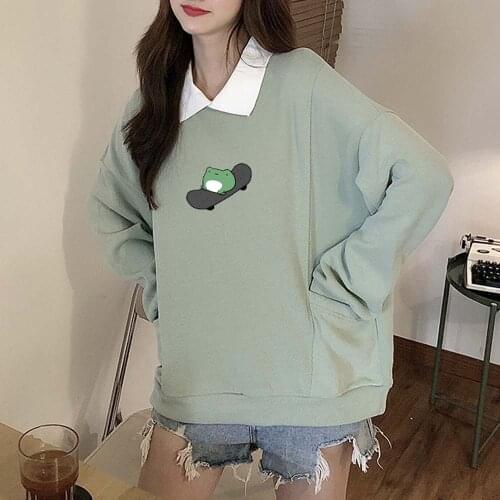 Autumn Skateboard Frog Oversized Sweatshirts Cute Turn-down Collar Hoodies Harajuku Pullover Kpop Womens Streetwear Ropa Mujer