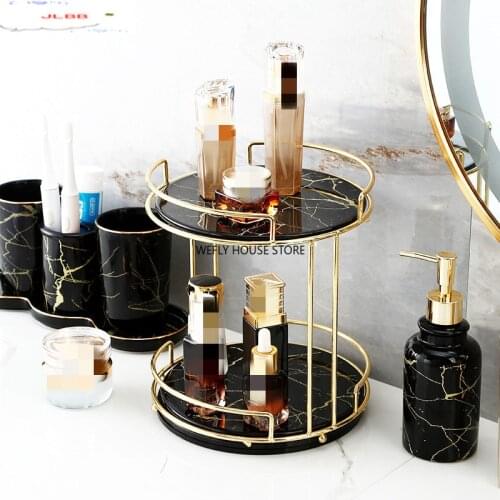 Home Bathroom Desktop Shelf Marbling Ceramics Iron Art Double Storage Rack Cosmetic Organizer Rotatable Storage Decoration Rack
