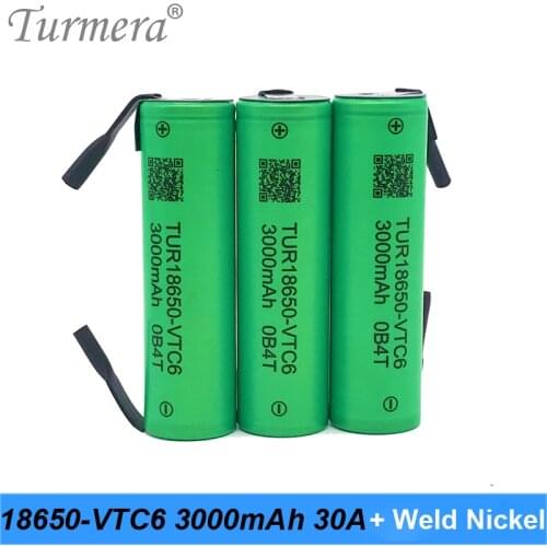 Turmera 18650 VTC6 3000mAh Battery 30A Soldering Nickel for Screwdriver Electric Drill Battery 12V 16.8V 18V 25V and E-bike Use