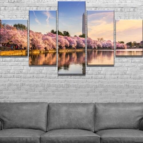 Washington Monument Cherry Blossoms Landscape Canvas 5 Piece HD Print Painting Wall Art Home Decor Living Room Decoration