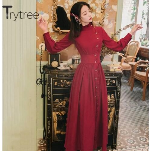 Trytree 2020 Autumn Winter Casual Womens Dress Corduroy Stand Collar Side Buttons Puff Sleeve Ankle-Length A-line Vintage Dress