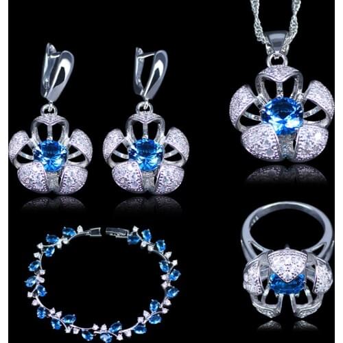Silver color New Design 3D Flower Sky Blue Austrian Crystal White Zirconia Jewelry Sets Bracelets Jewelry Sets