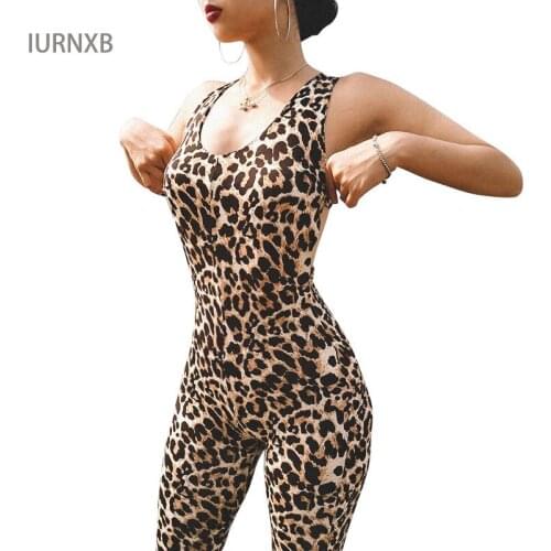 Women Sports Playsuits Gym Yoga Set Tracksuit Female Sleeveless Halter Bodycon Romper Leopard print Jumpsuit
