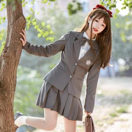 Star Glory Original Design Preppy Style Womens Autumn Uniform Set: Blazer Coat & White Shirt with Bow & Skirt