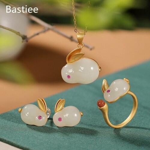 Bastiee Natural Stone Jade Rabbit 925 Sterling Silver Jewelry Sets For Women Rings Necklaces Pendants Stud Earrings Gift Golden