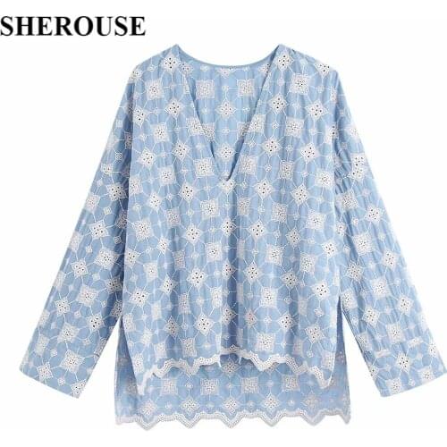 2021 Womem Fashion Embroidery Side Slit Blouses V Neck Long Sleeve Vintage Female Shirts Blusas Chic Tops