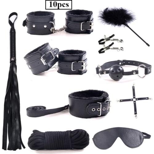 BDSM Adult Game Play Set Erotic Sex Kit Leather Plush Handcuff Leather Whip Nipple Clip Mouth Gag Bondage Sex Toys For Couples