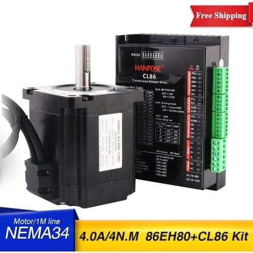 Free Shipping Closed-loop step motor 4.0N.M 4.0A Nema34 86 Hybrid closed loop Stepper Motor 86EH80A4001+CL86 Drive motor kit