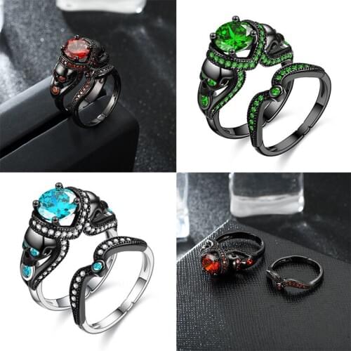 Skull Ring Set For Women Punk Style Charm Black Round Cubic Zirconia Ring Wedding Jewelry Dropshipping