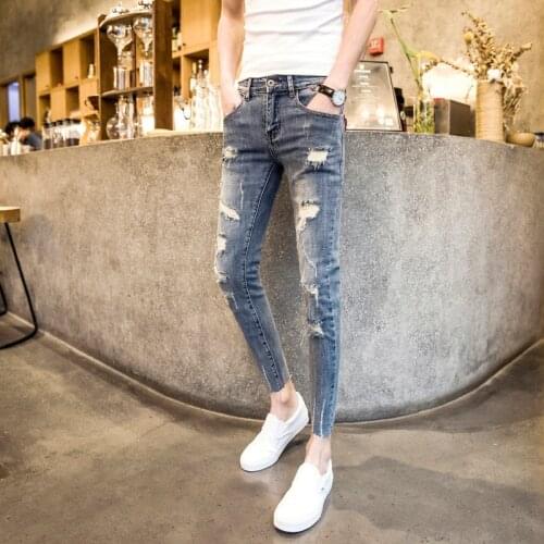 High Street Men Ripped Hole Jeans Fashion Light Blue Washed Slim Biker Denim Pencil Pants Casual Cowboy Ankle Length Pants Male