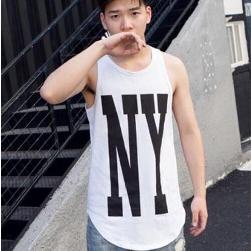 Europe and the United States high street style lengthened arc hem base summer mens vest mid-length printed NY top