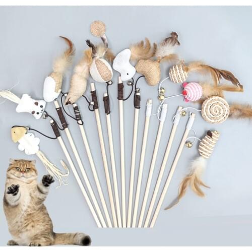 Pet Cat Toys Teaser Feather Linen Wand Cat Catcher Teaser Stick Cat Interactive Toys Wood Rod Mouse Cat Toy With Mini Bell Gatos