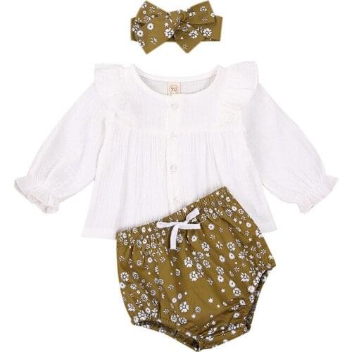 3 Pieces Baby Girls Suit Set 0-24M Newborn Baby Solid Color Round Neck Long Sleeve Top+Floral Print High Waist Shorts+ Headband