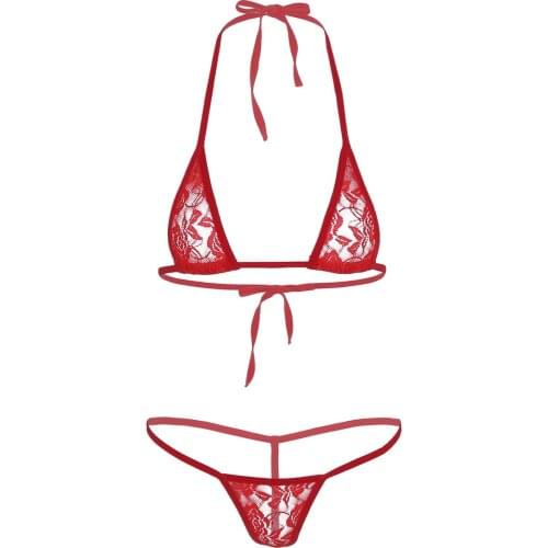 Womens Lingerie Set Lace See Through Bikini Swimsuit Sheer Halterneck Mini Micro Bikini Bra Top with G-String Briefs Underwear