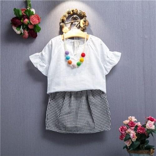 2019 summer children girls new simple fashion white short sleeve cotton T-shirt + plaid skirt clothing sets 3-8 years