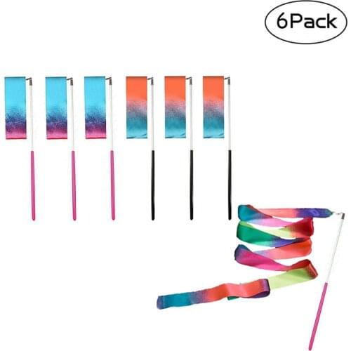 6 Pack 2 Meter Colorful Dance Ribbons Rhythmic Gymnastic Ribbon Wands Rods for Children Art Dances