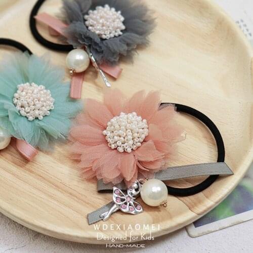 Fashion Flower Pearl Hair Rope Elastic HairBand Accessories Girl Women Gauze Floral Beaded Tie Hair Ponytail Holders Rubber Band