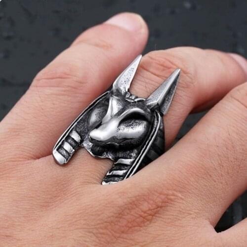 New Retro Animal Fox Head Ring Mens Ring Vintage Metal Silver-Plated Egyptian Guardian Anubis Ring Accessories Party Jewelry