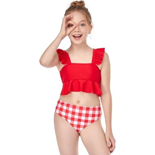 2-12T Kids Girl Swimwear 2Pcs Swimming Set Solid Color Square Neck Ruffled Tank Tops High Waist Triangle Bottoms Summer 2021 New