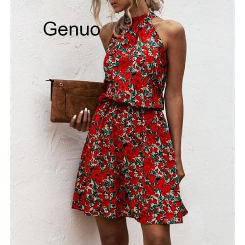 Summer Sexy Halter Lace Up Floral Print Mini Dress 2020 Vintage Short Sleeveless Dress Beach Casual Party Dress For Women