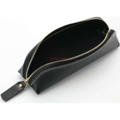 Simple leather pencil case large capacity student leather pencil case Korean stationery bag men and women triangle stationery bo