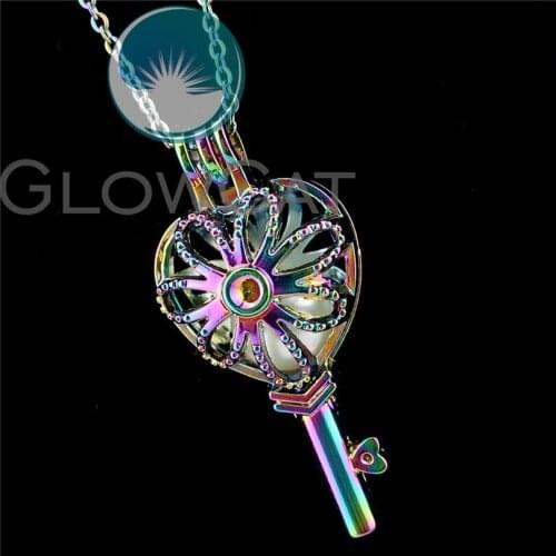 R-C882 Rainbow Colors Flower Key Beads Cage Pendant Perfume Diffuser Oyster Pearl Cage Locket Necklace