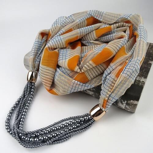 Spring New Arrival Women Pattern Printed Silk Scarf Necklace Handmade Resin Beads Pendant Scarf Small Choker Collar Scarf WN23