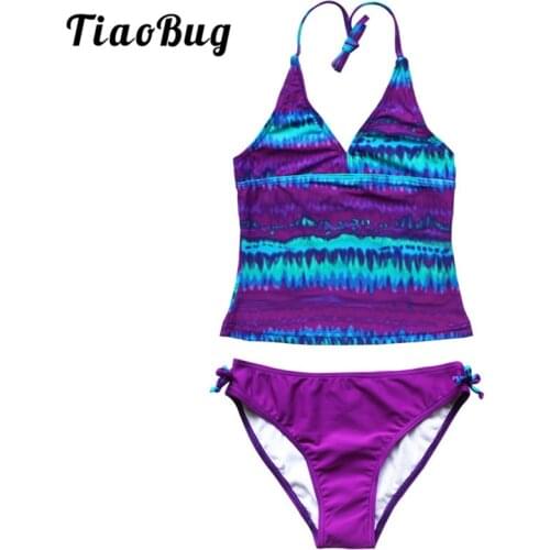 TiaoBug Kids Teens Colorful Tie-Dye Swimsuit Swimwear Girls Beachwear Bathing Suit Halter Swim Tops Shorts Tankini Bikini Set