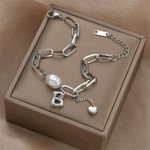 316L stainless steel metal stitching thick chain moon letter B pendant pendant pearl OT buckle bracelet No Fade