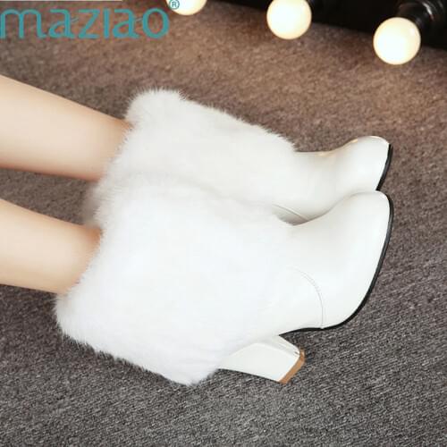 Brand ankle boots women shoes rabbit hair high street round toe high heels gorgeous chelsea ankle boots MAZIAO
