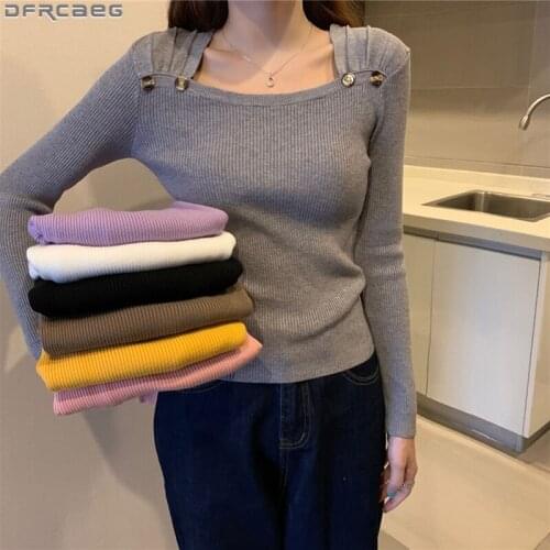 New Knitted Sweaters Women Long Sleeve Autumn Winter Basic Knitwear Tops Square Collar Pull Femme Hiver Korean Jumper Pullovers