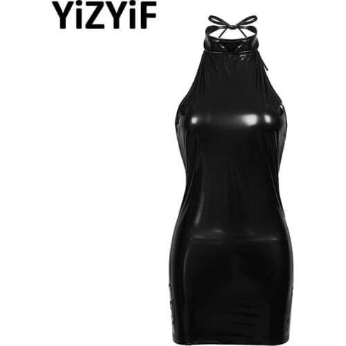 Women Wet Look Patent Leather Sexy Bodycon Mini Dress Erotic Halter Neck Sleeveless Low Back Bodycon Dress Clubwear Sexy Dresses