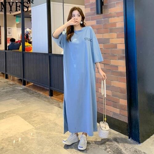 NYFS Summer Dress 2021 Korean New Loose large size short sleeve Long Dress Vestidos Robe Elbise Letter Print Split Woman Dress