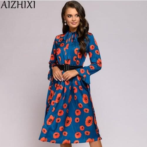 AIZHIXI Vintage Flare Sleeve Printed Woman Dress Autumn Bow Tie Elastic Waist Midi A Line Dresses Women Clothes(NO Belt)