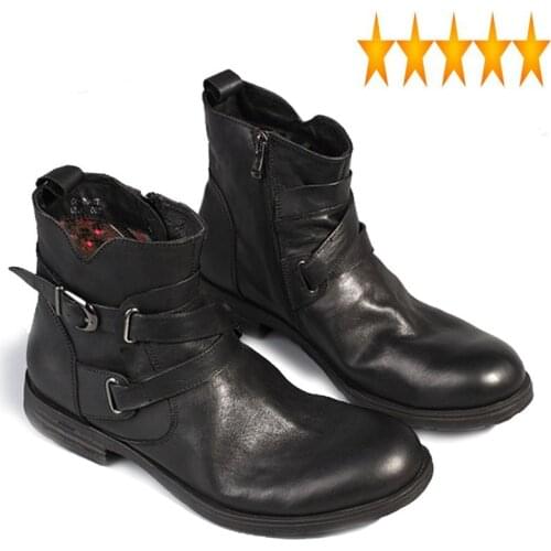 Men Retro Genuine Leather Brand Casual High Top Double Buckle Work Shoes Luxury Handmade Round Toe Zip Dress Boots Black