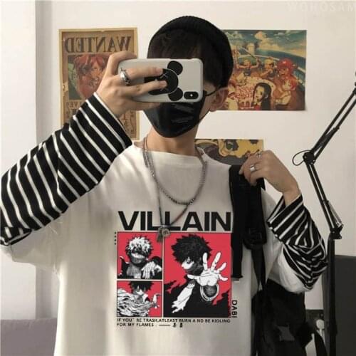 Anime My Hero Academia Dabi Long T Shirt Cartoon Unisex Funny VILLAIN Letter Graphics Oversized Fake Two Pieces Stripes T-Shirts