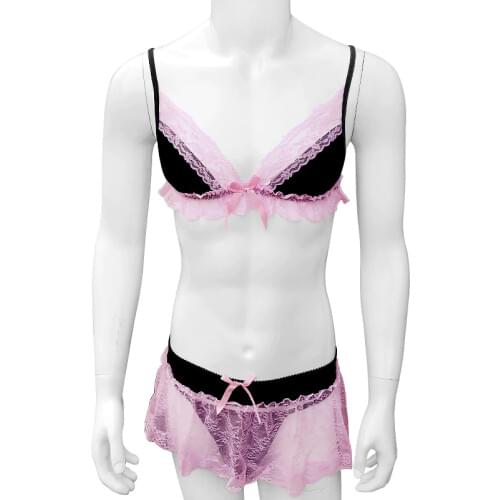 Frilly Lace Mens Lingerie Bra Set For Sissy Panties With Thong Mini Lace Dress Pajamas Set Sleepwear Nightwear Spaghetti Strap