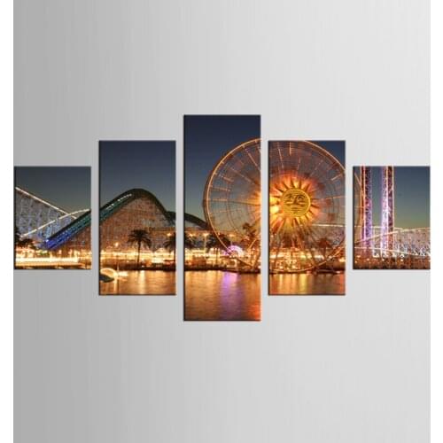 New framed 5 panel night Ferris Wheel Canvas Landscape Canvas Print Modern Canvas Wall Art Mural Decorative Artwork FJ-(12)