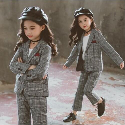 Formal Clothes Kids Girls Clothing Set Spring Teenage Girls Suit Jacket Coat And Pants 2pcs Plaid Tracksuit for Girls 6 8 10 12