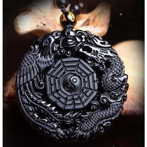 Volcanic Obsidian Phoenix & Dragon Yin Yang Pendant Necklace-GOOD P&P/UK Stock