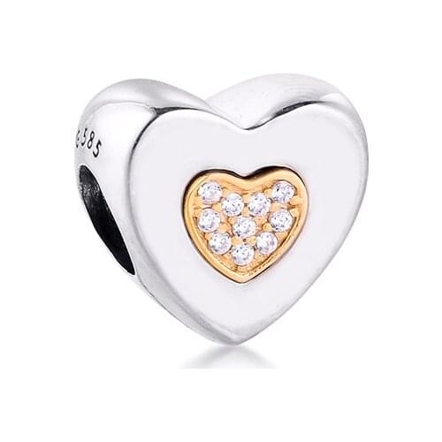 Fits For Pandora Bracelets Signature Heart Charms with 14K Real Gold 100% 925 Sterling-Silver-Jewelry Beads Free Shipping