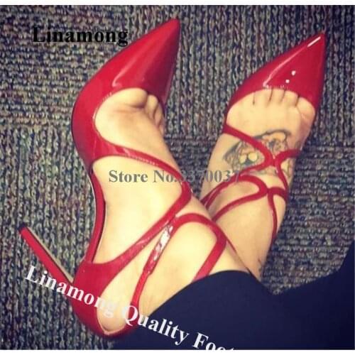 Linamong Brand Design Pointed Toe Straps Cross Stiletto Heel Pumps Sexy Red Gold Silver Buckles High Heels Wedding Dress Shoes
