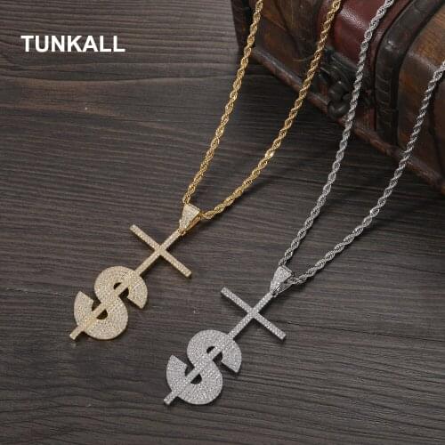 TUNKALL $ Dollars Fashion Bling Bling Micro pave Hip Hop Iced out Brass Pendant with CZ Mens Necklace Jewelry CN381