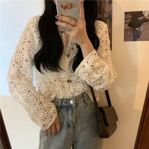 Alien Kitty Hollow Out Full Sleeves Hook Flowers 2020 Stylish Cardigans Thin Women New Lace Sweet Korean Lady Chic Blouses