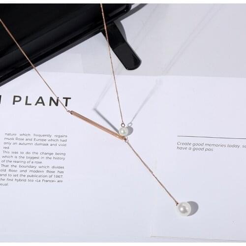 YUN RUO New Arrival Rose Gold Color INS Fashion Pearl Long Necklace Sweater Chain Titanium Steel Jewelry Woman Gift Never Fade
