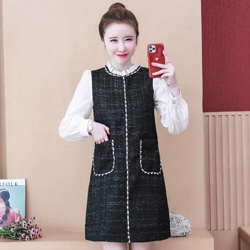 Korean Runway Office Lady Patchwork Tweed Dress Women Long Sleeve O-Neck Slim Waist Autumn Vintage Vestidos