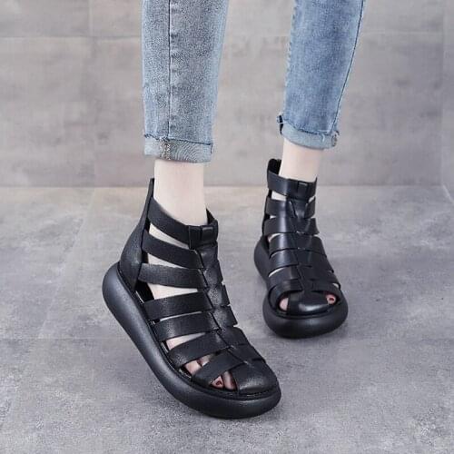 Cowhide Slope Heel Waterproof Platform Roman Shoes Leather Retro Hollow Sandals 2021 Summer New Baotou High-top Women Sandals