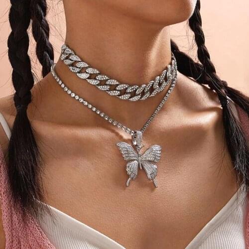 2020 new gold silver color iced out women jewelry hip hop bling tennis chain choker 5A cz paved butterfly pendant charm necklace