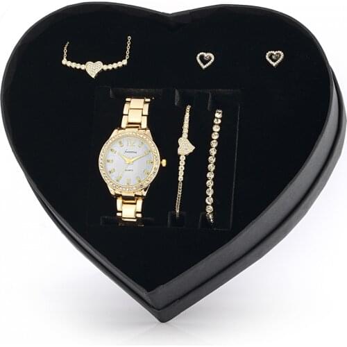 Forentina Altın Kaplama Zirkon Kalpli Kolye Küpe Bileklik Saat Hediye Set PS1399