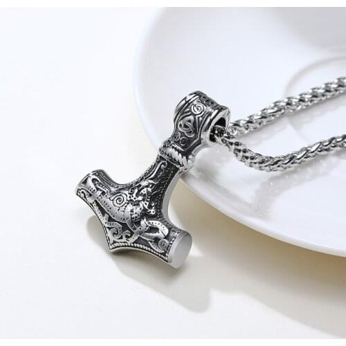 Hiphop Norse Vikings Amulet Pendant Necklace Hammer Of Thor Mjolnir Pendant Chain Necklaces Animal Knot Viking Jewelry